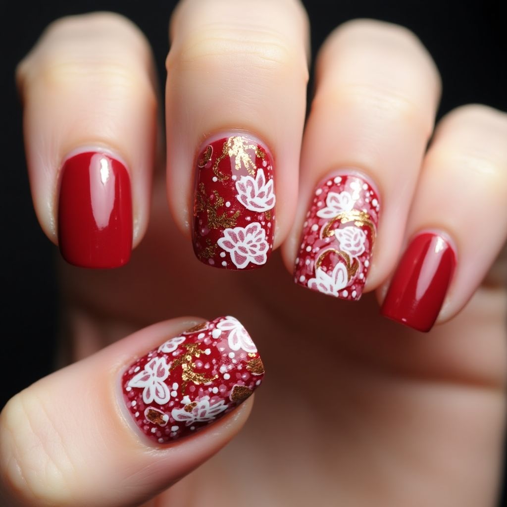 Red Freehand Art Nail Design