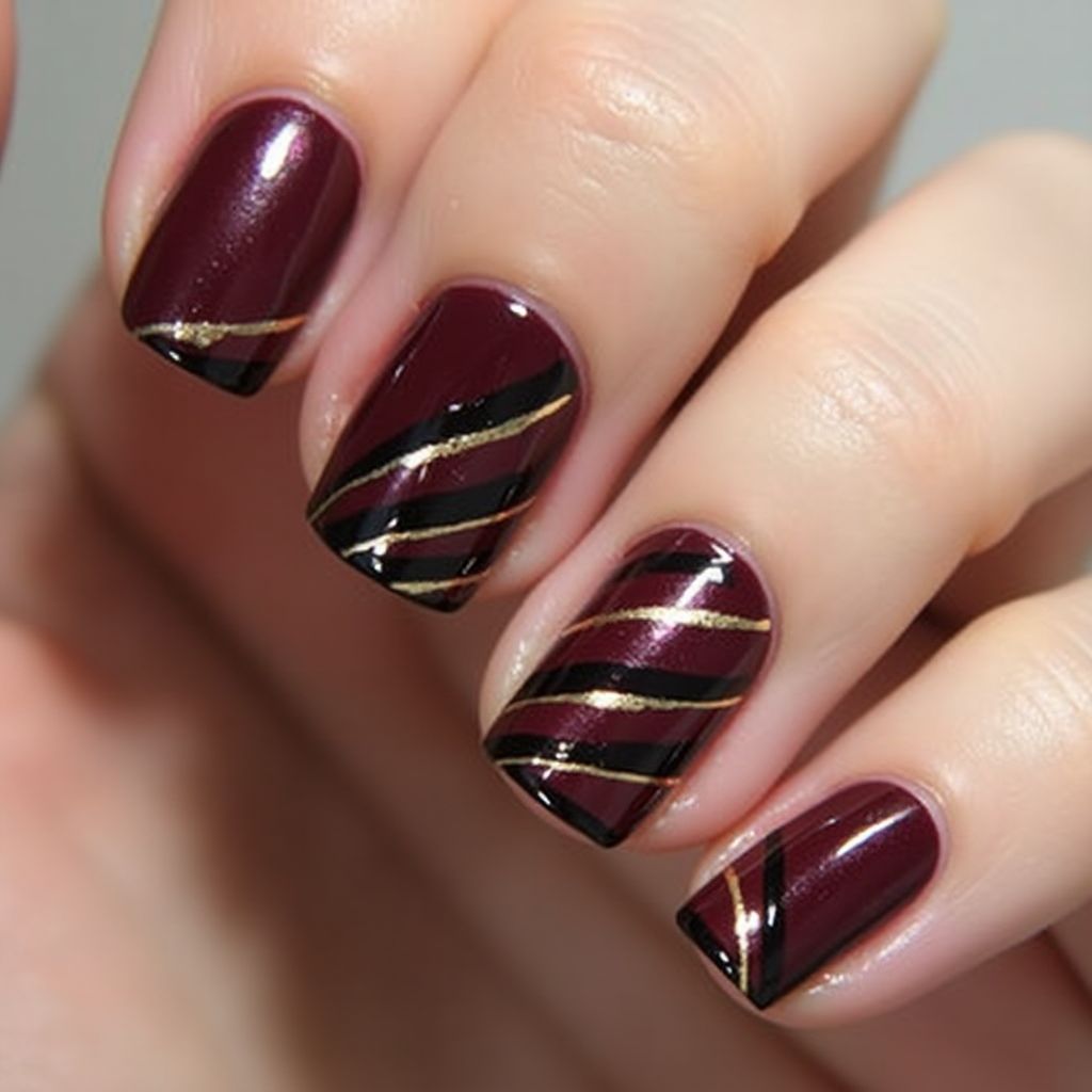 Wine Stripes and lines Nail Design