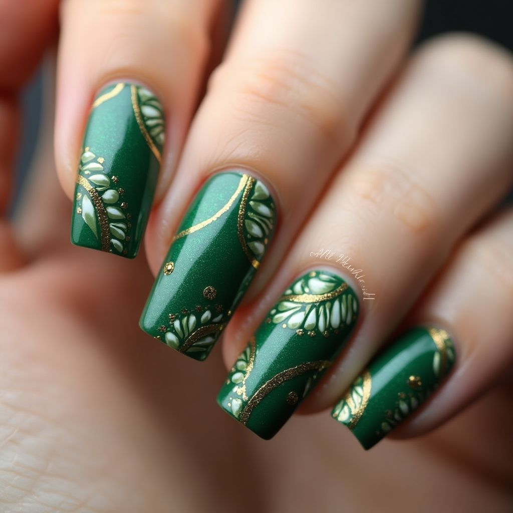 Emerald Green Freehand Art Nail Design