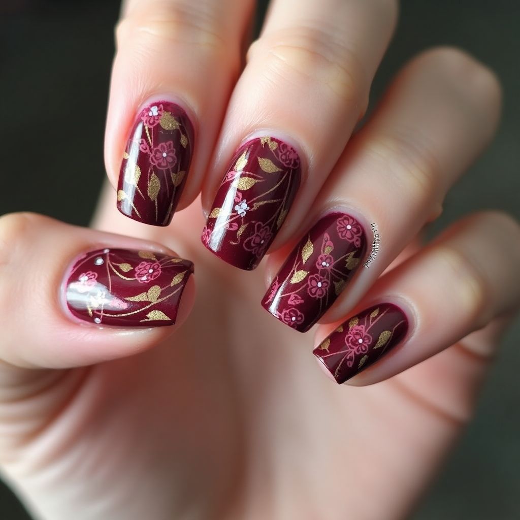 Burgundy Water Marbling Nail Design