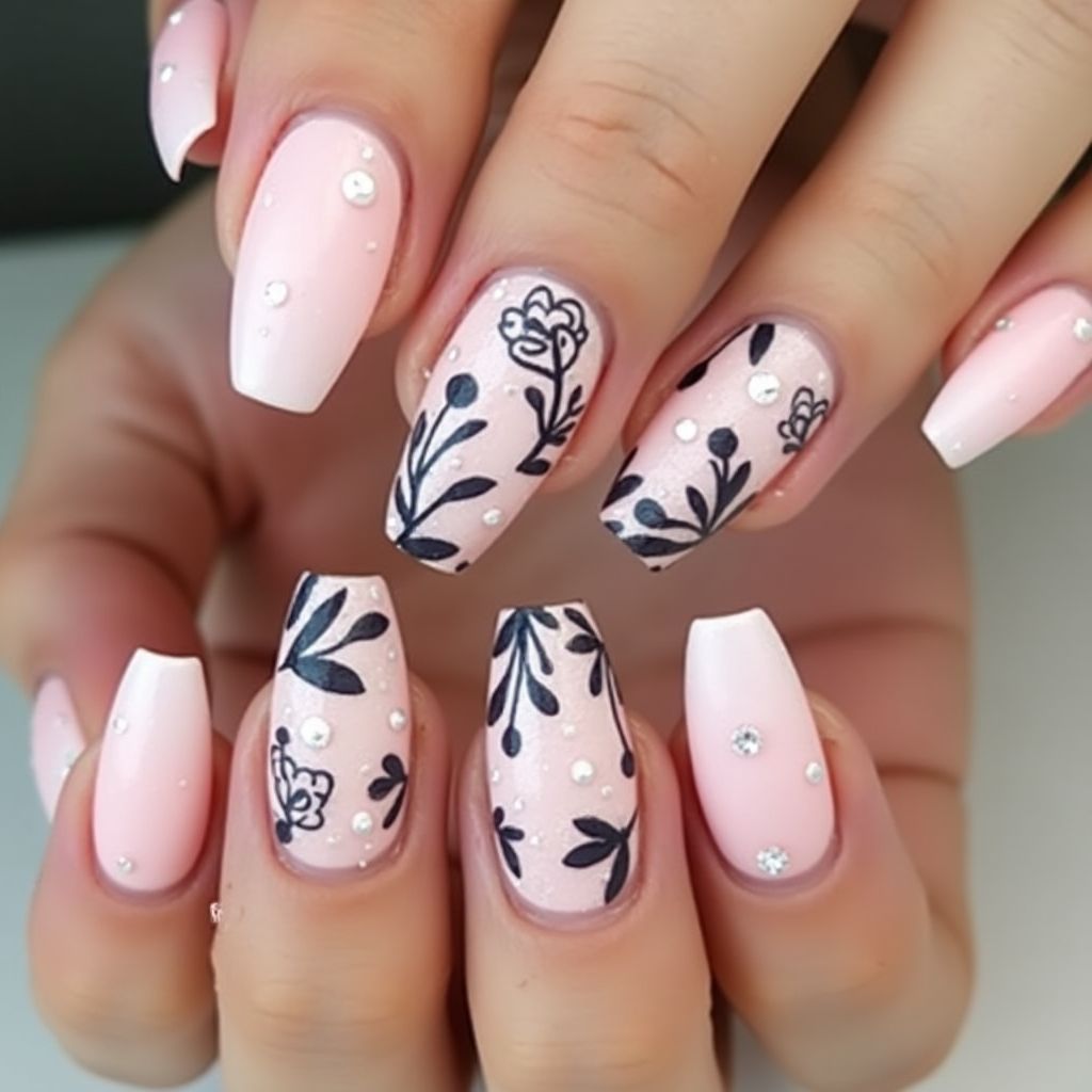 Baby Pink Freehand Art Nail Design