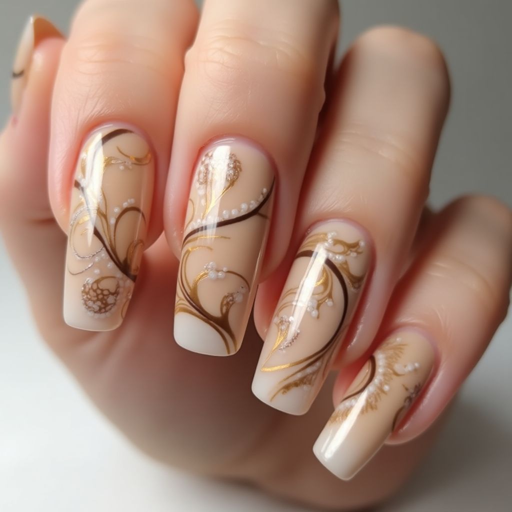 Tan Water Marbling Nail Design