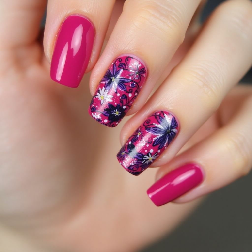 Hot Pink Freehand Art Nail Design