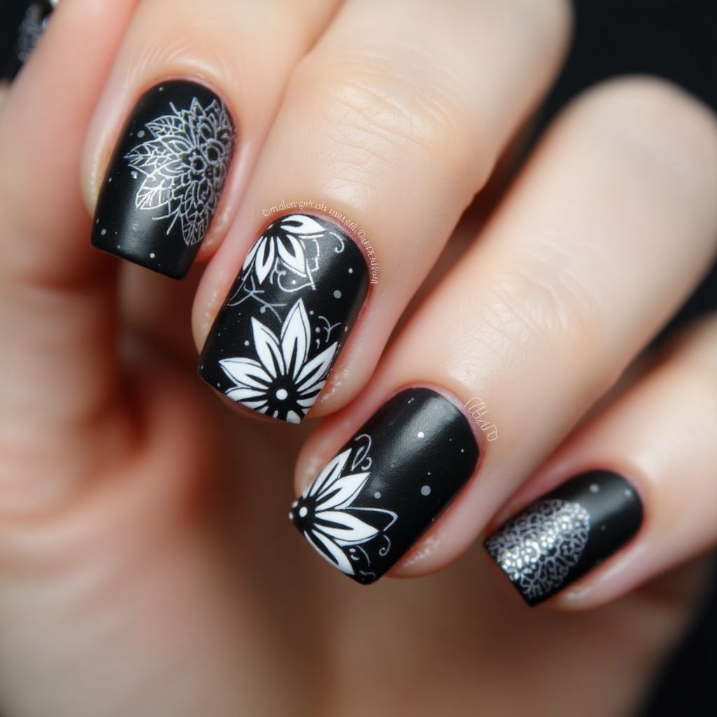 Black Freehand Art Nail Design