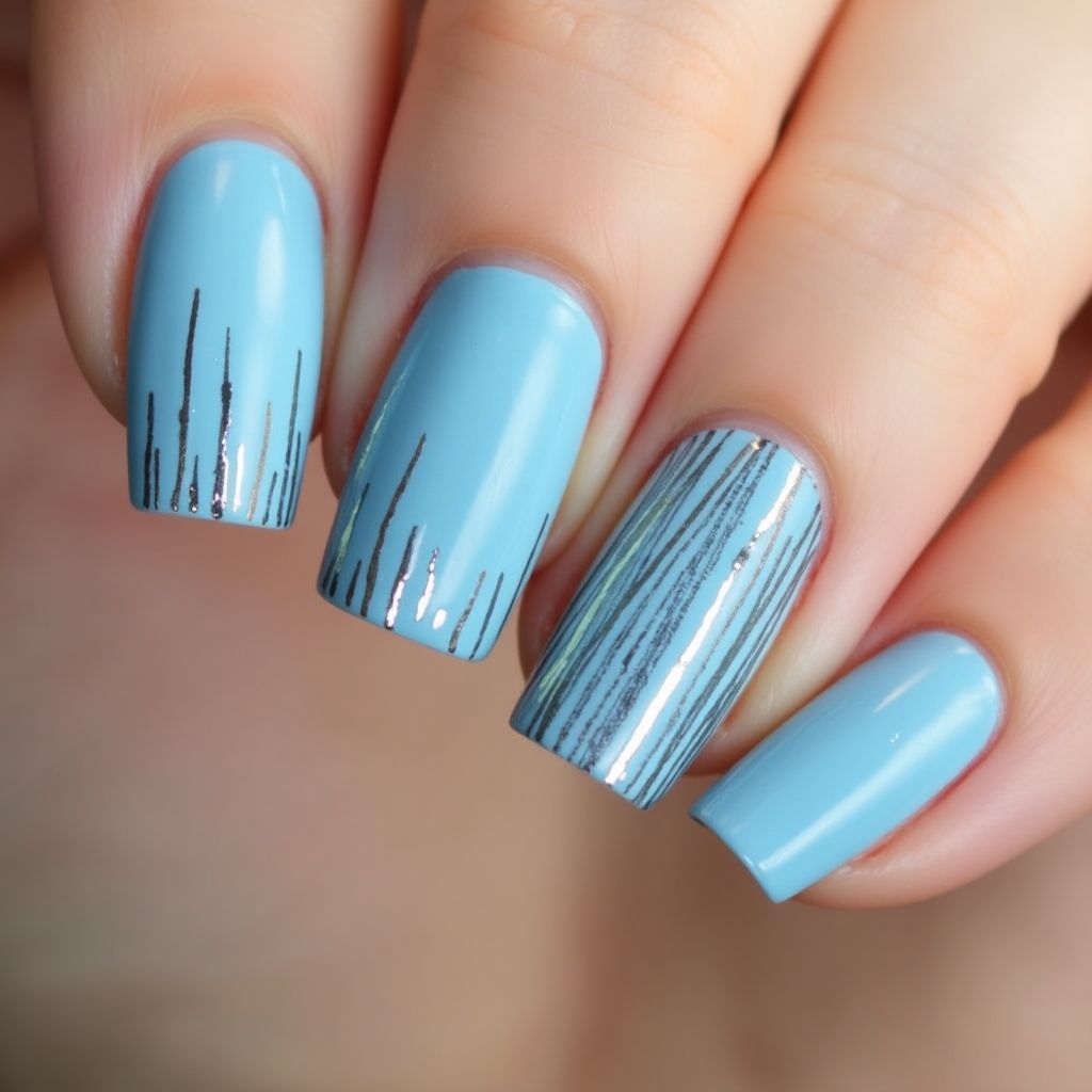 Sky Blue Stripes And Lines Nail Design
