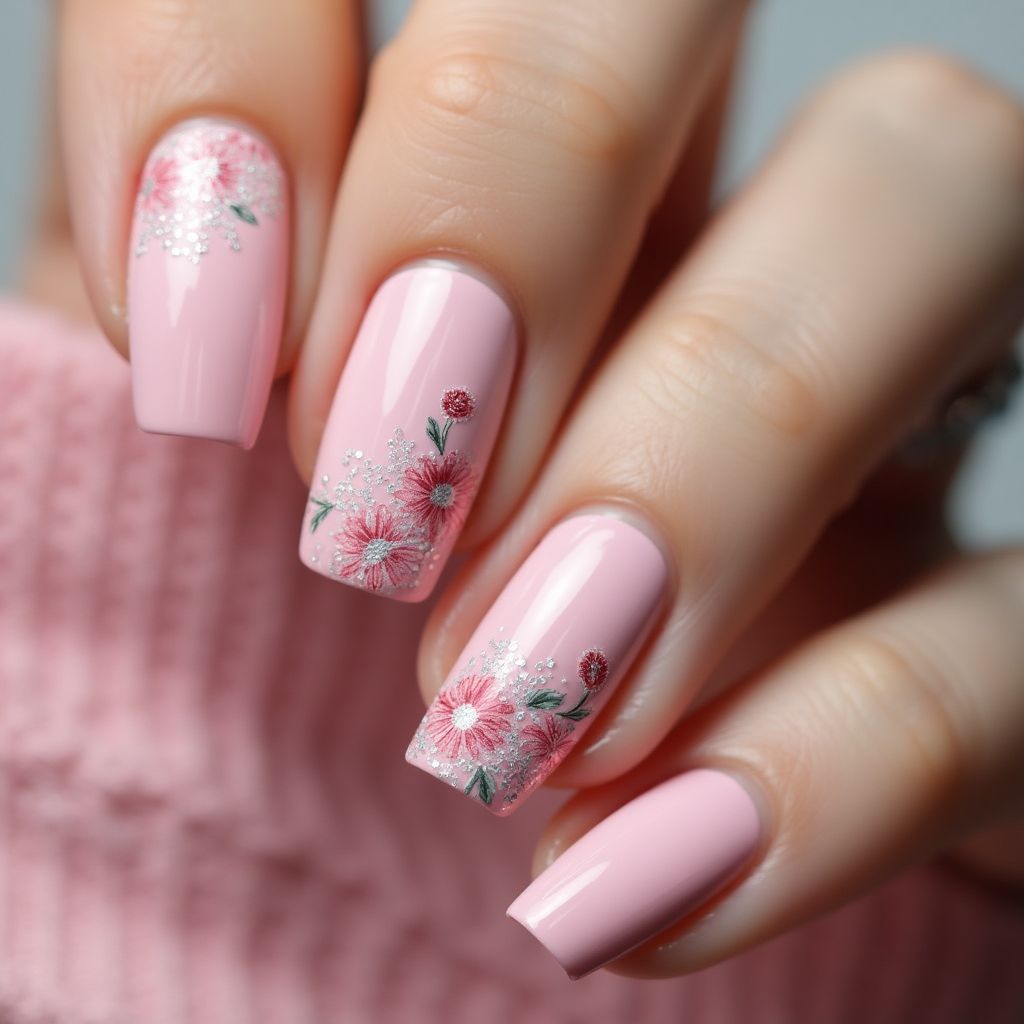 Baby Pink Freehand Art Nail Design