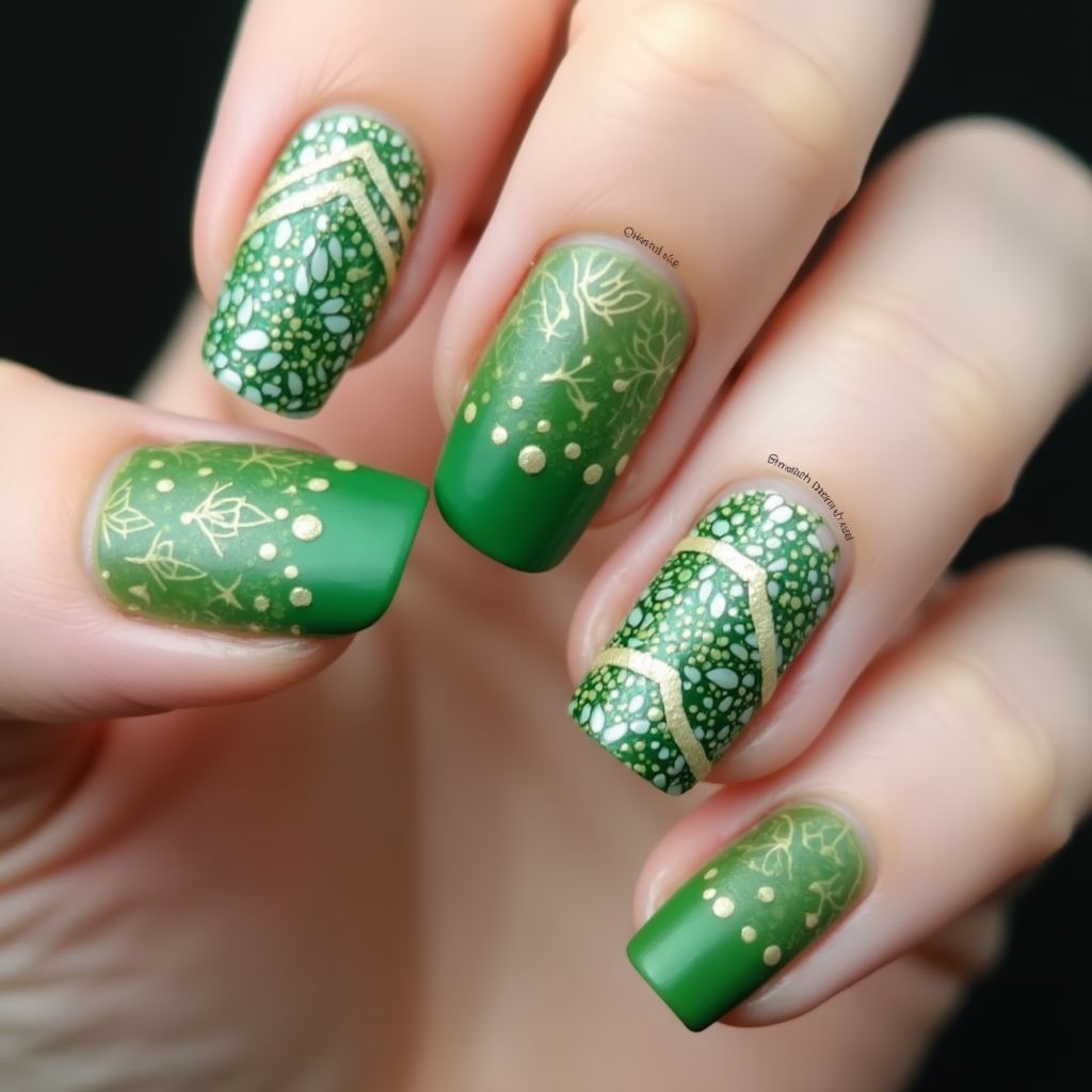 Green Freehand Art Nail Design