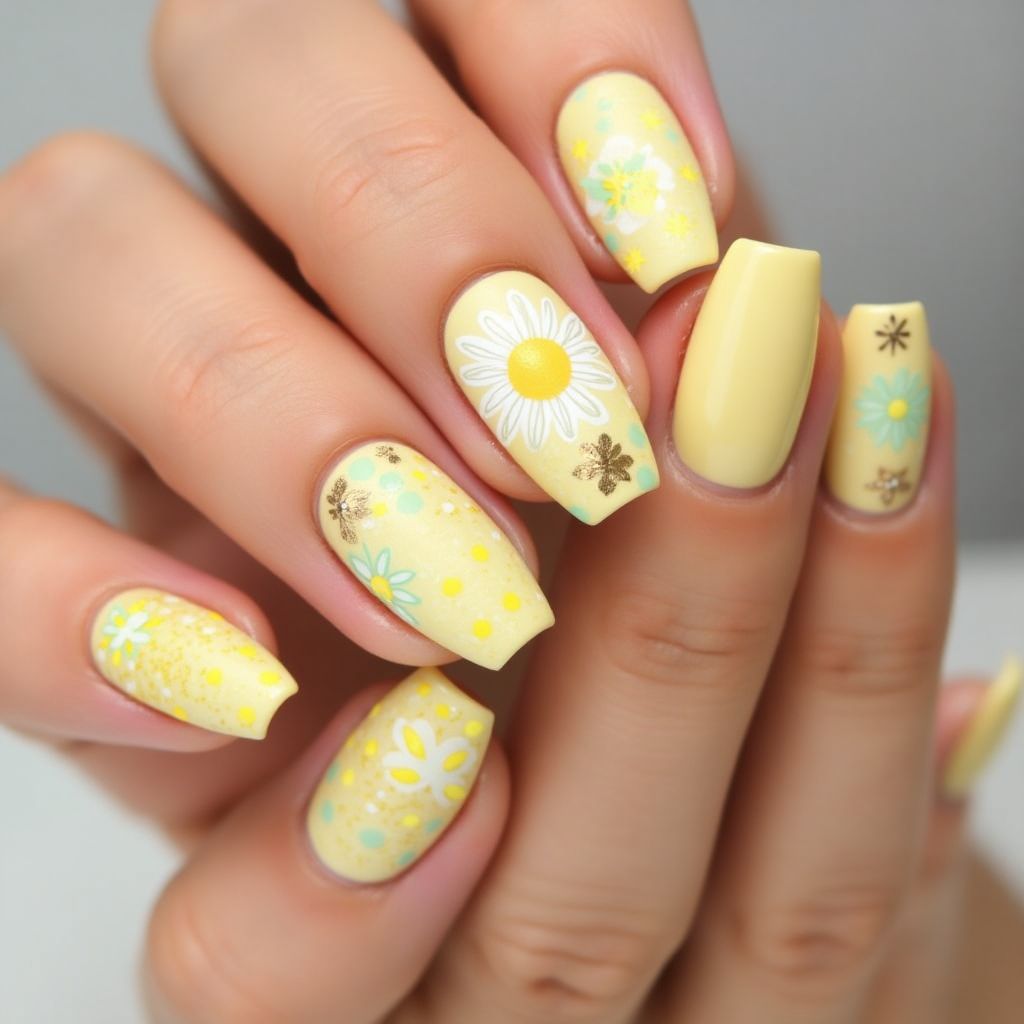 Pastel Yellow Freehand Art Nail Design