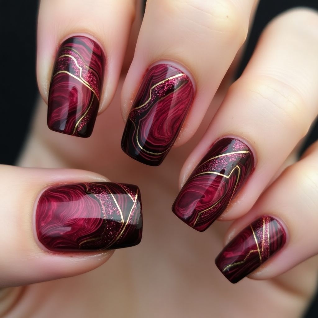 Burgundy Water Marbling Nail Design