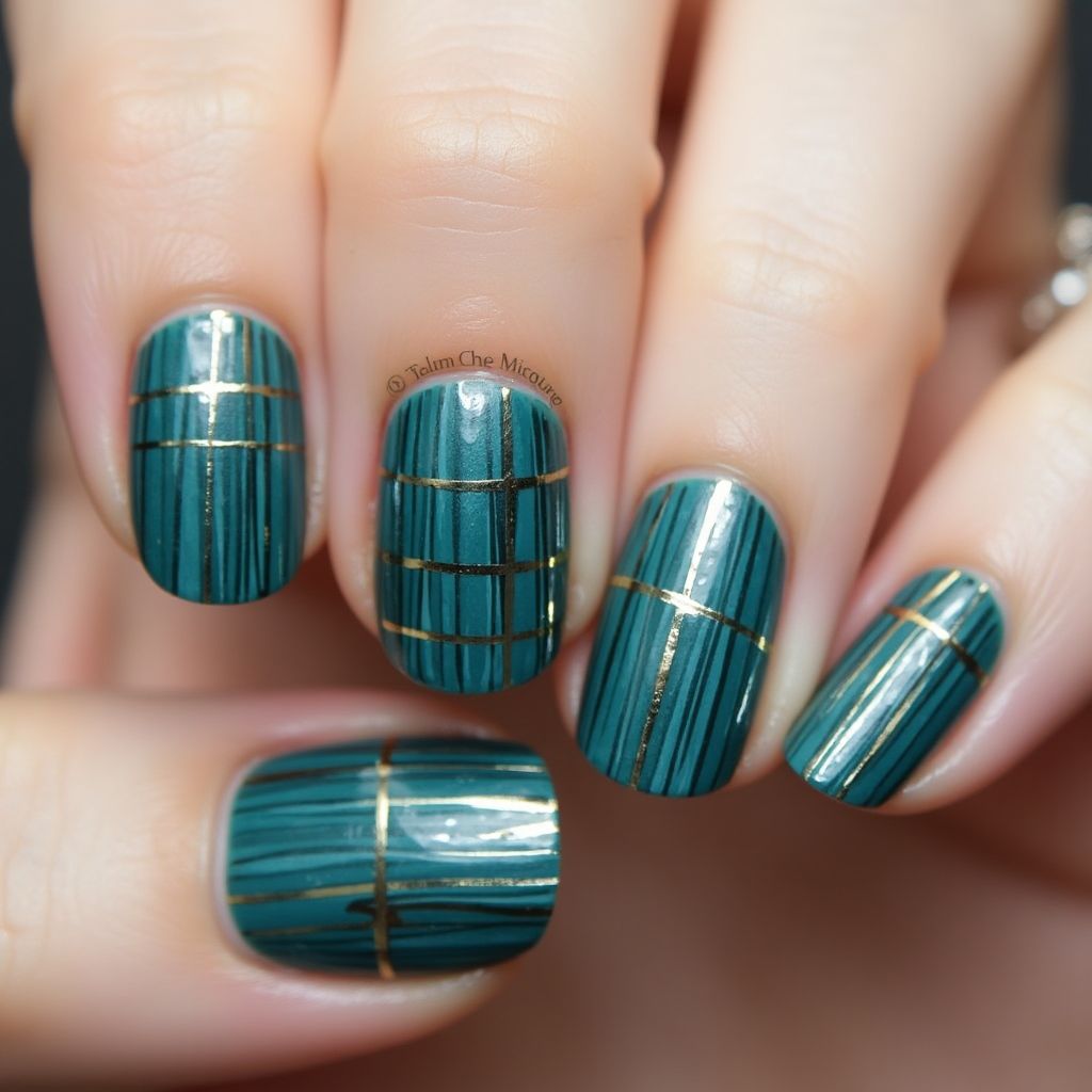 Teal Stripes And Lines Nail Design
