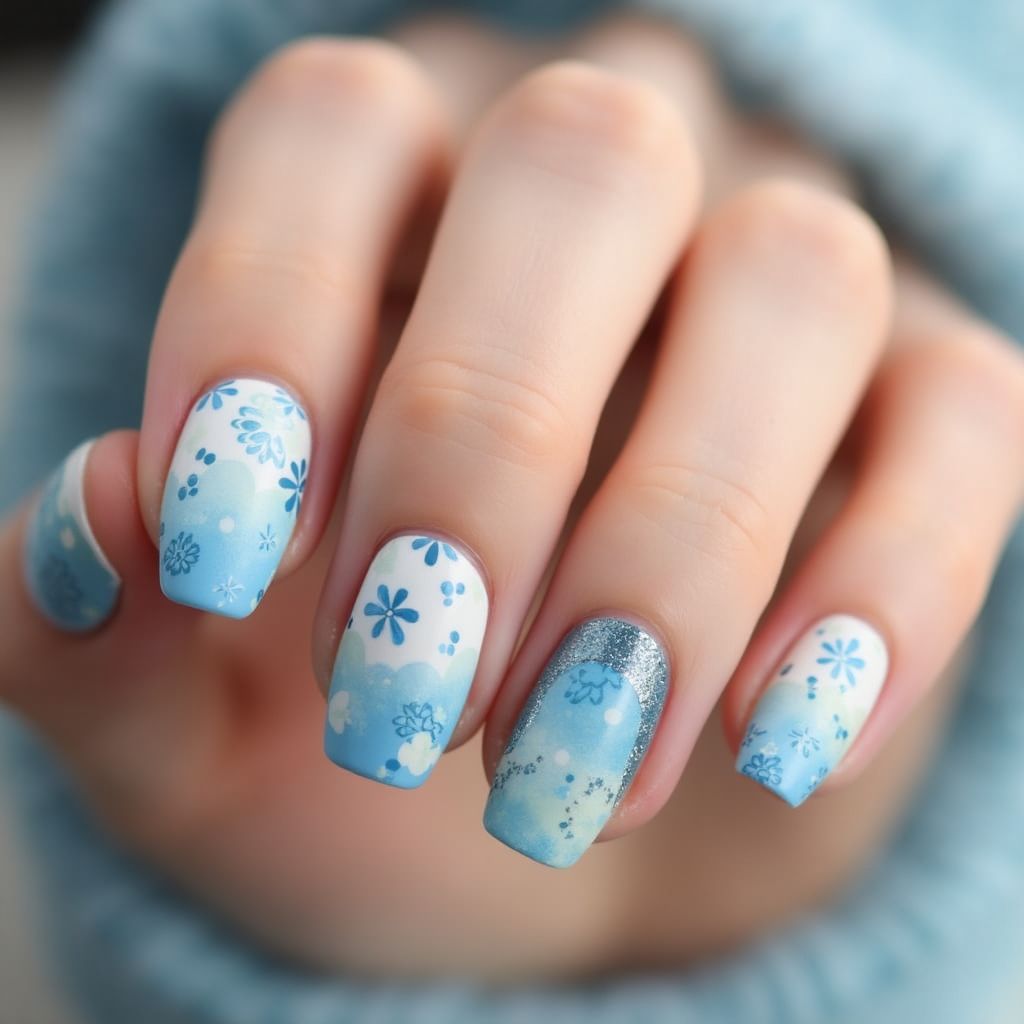 Pastel Blue Freehand Art Nail Design