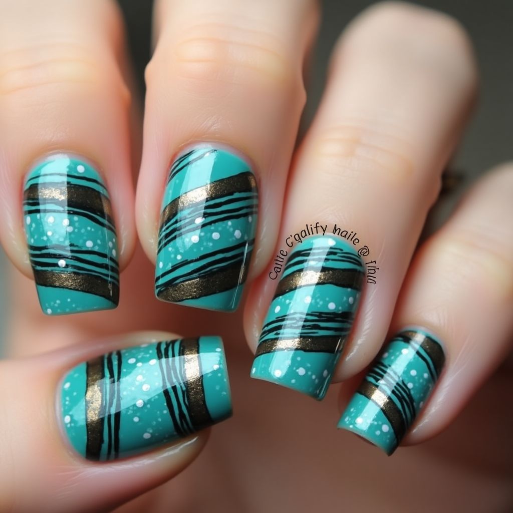Turquoise Stripes And Lines Nail Design