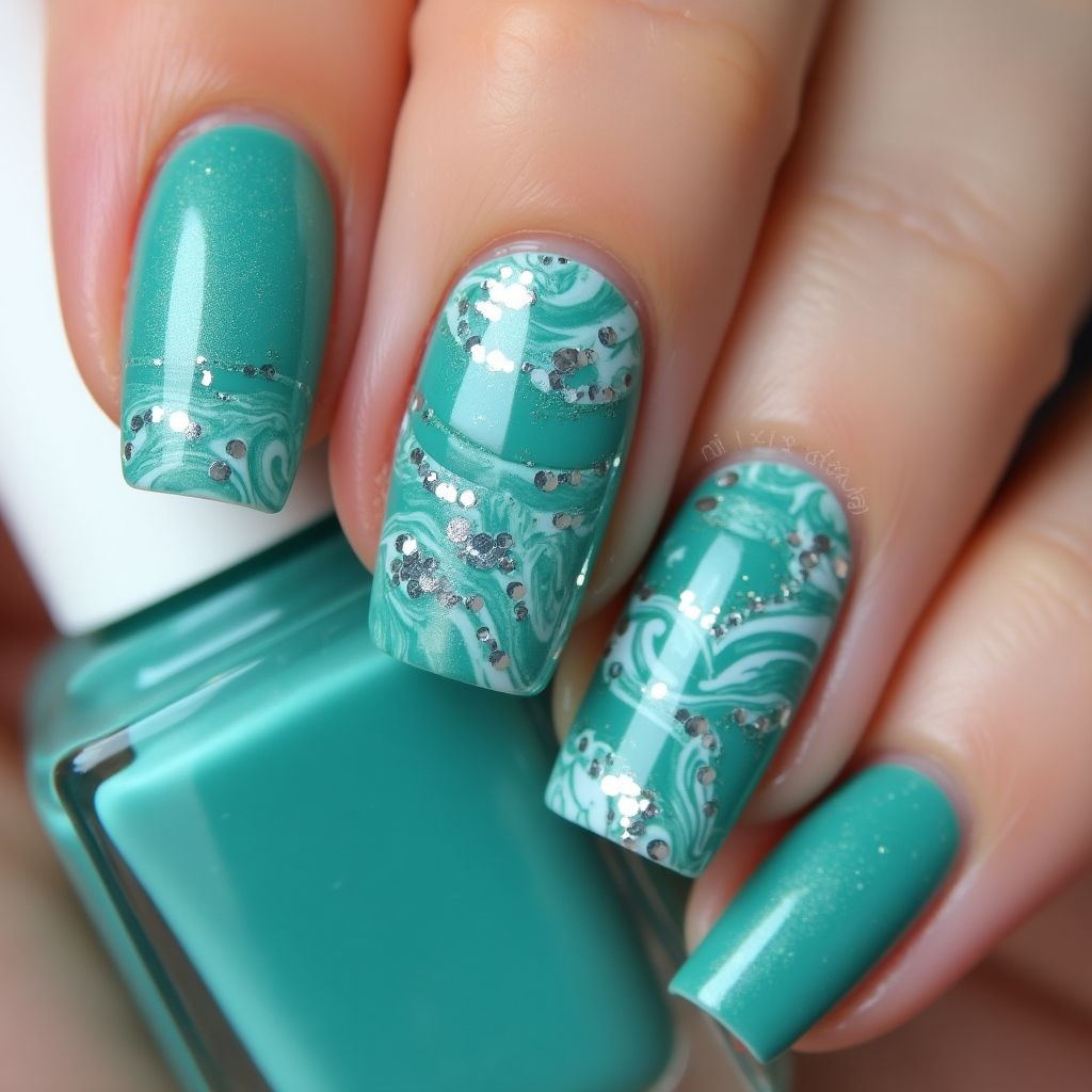 Teal Water Marbling Nail Design
