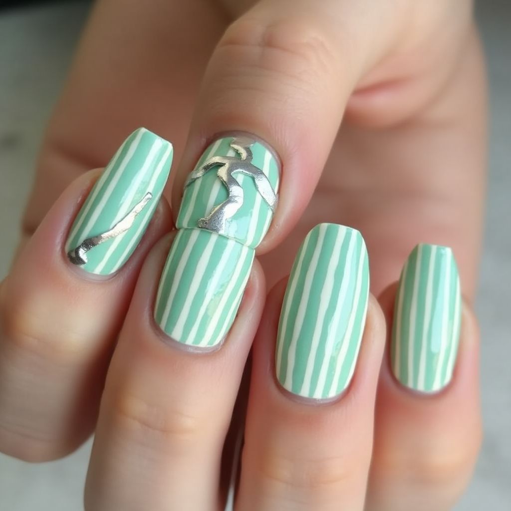 Mint Green Stripes And Lines Nail Design