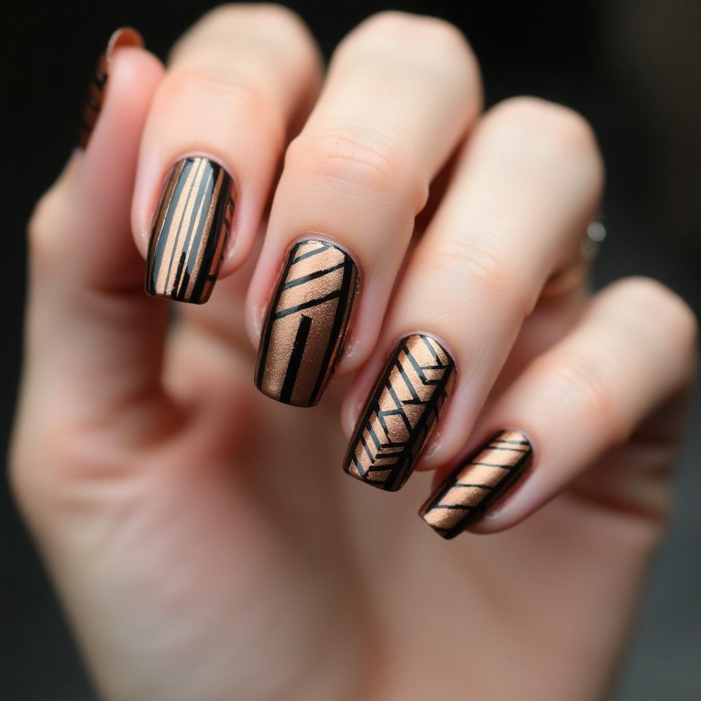 Bronze Stripes And Lines Nail Design