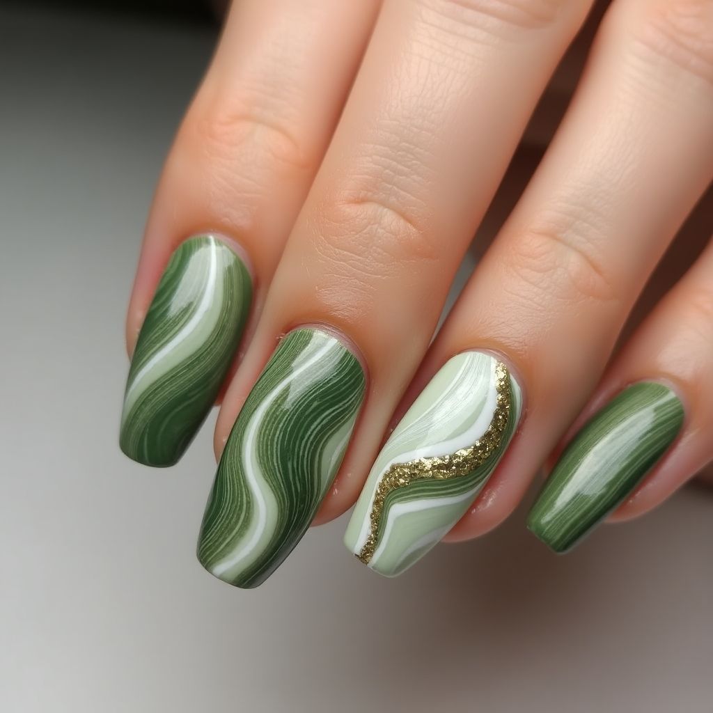 Olive Green Water Marbling Nail Design