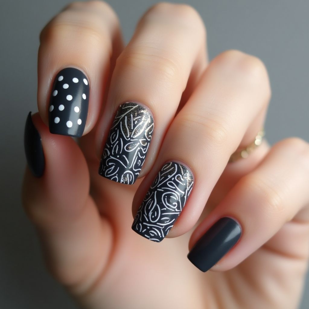 Charcoal Gray Dotting Nail Design