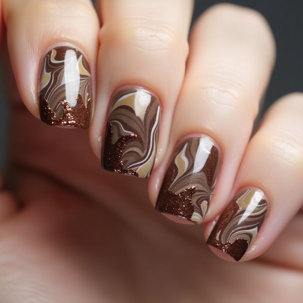 Chocolate Brown Water Marbling Nail Design
