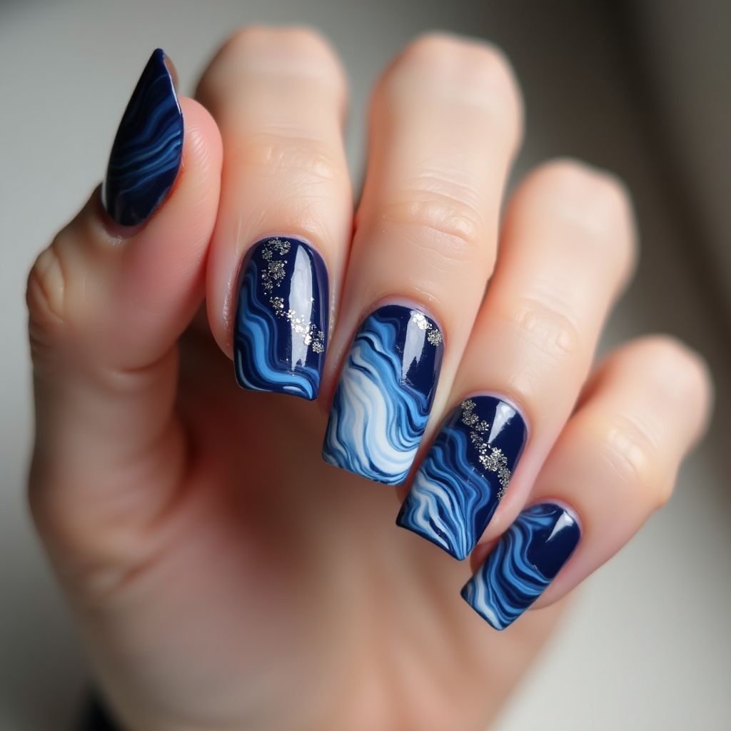 Navy Blue Water Marbling Nail Design