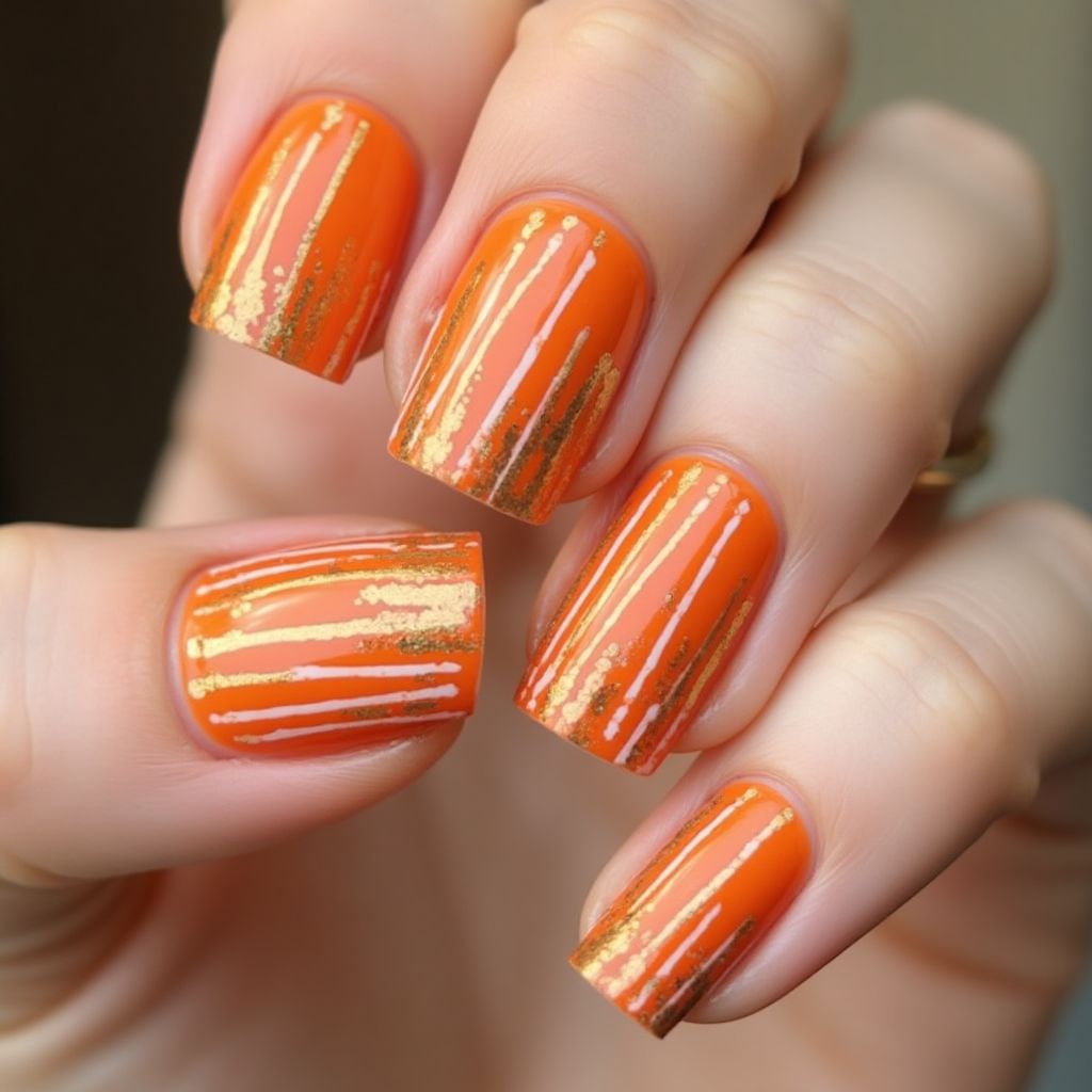 Orange Stripes And Lines Nail Design