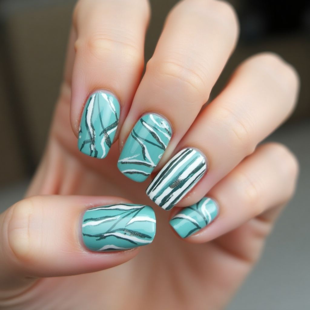 Teal Stripes And Lines Nail Design