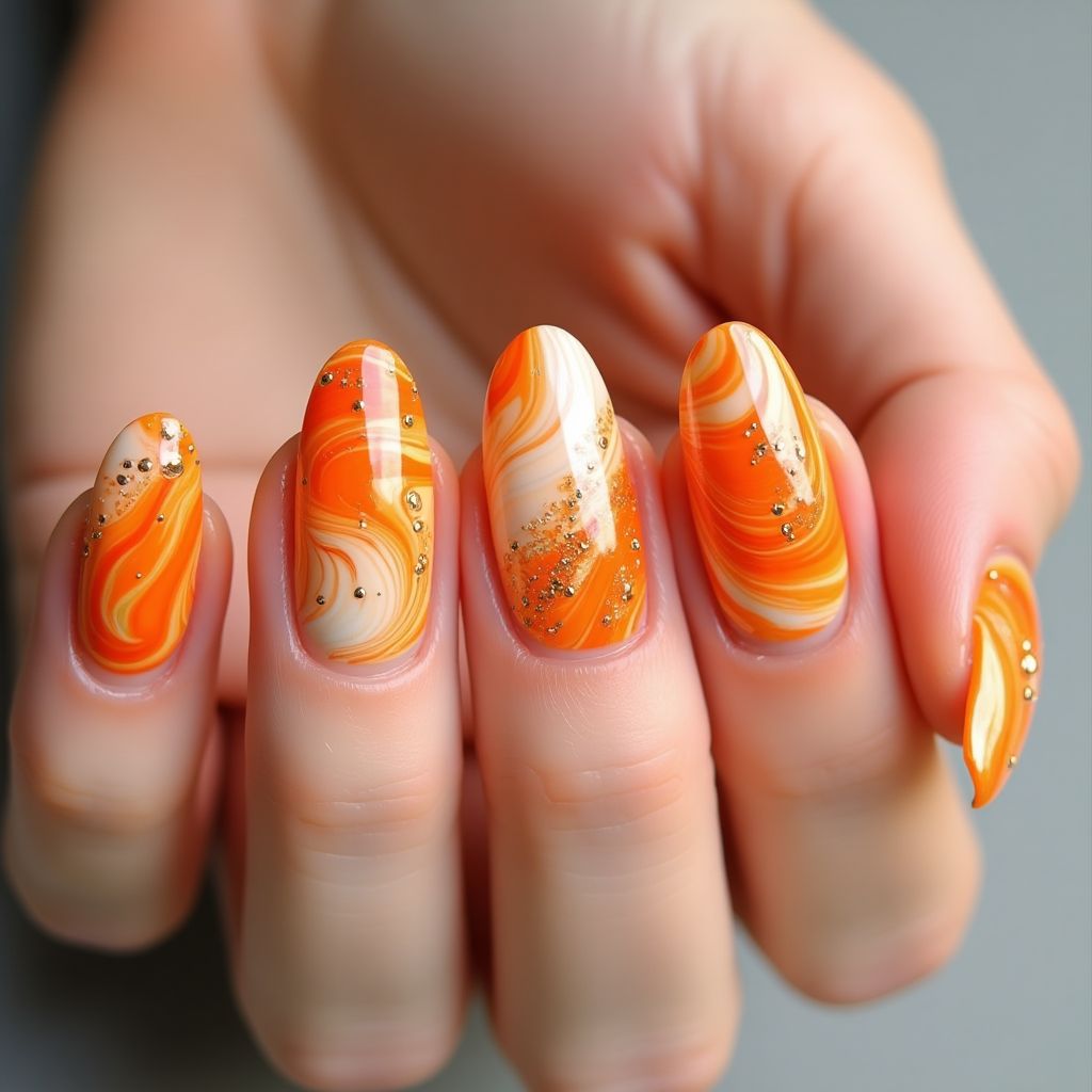 Orange Water Marbling Nail Design