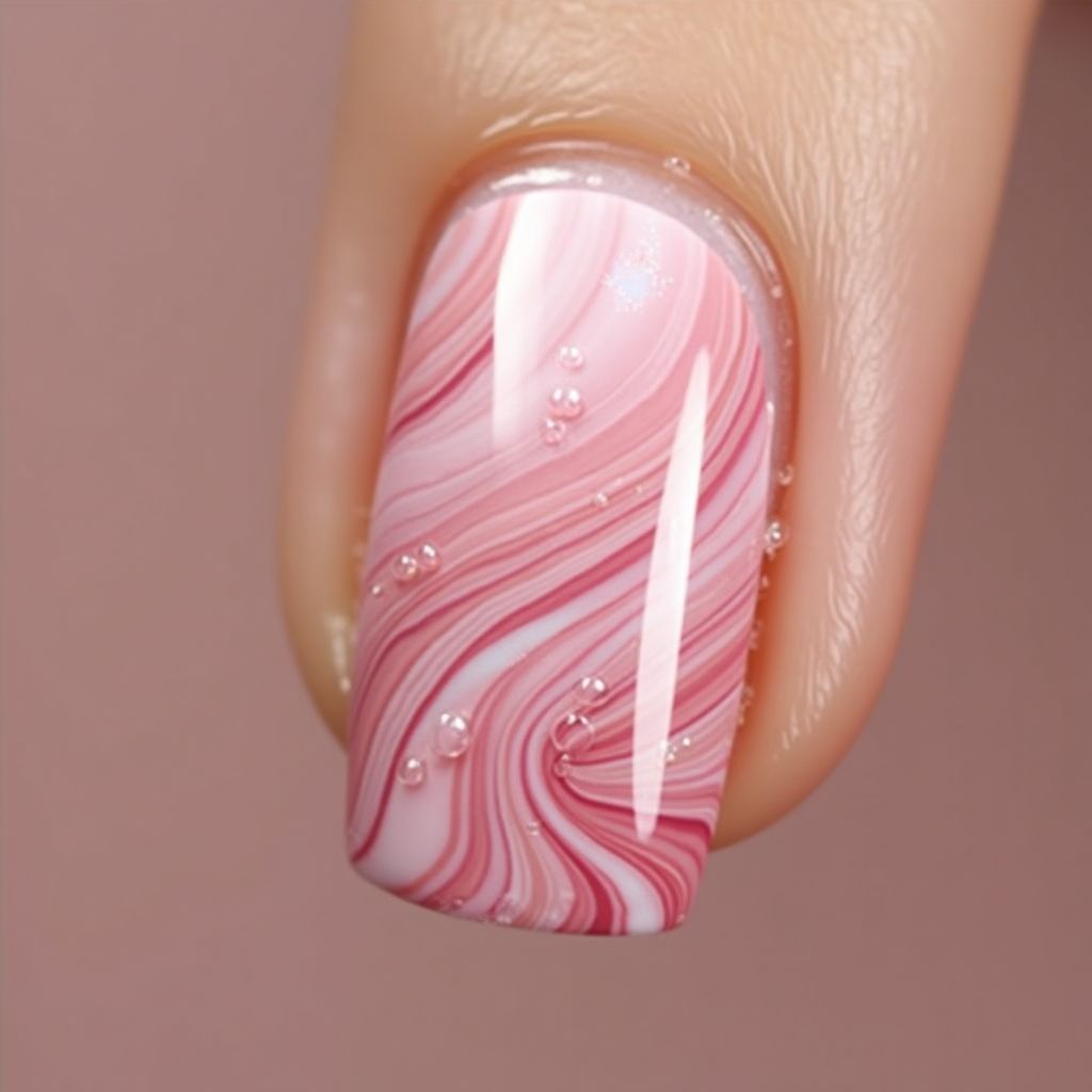 Baby Pink Water Marbling Nail Design