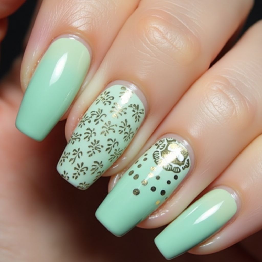 Mint Green Freehand Art Nail Design