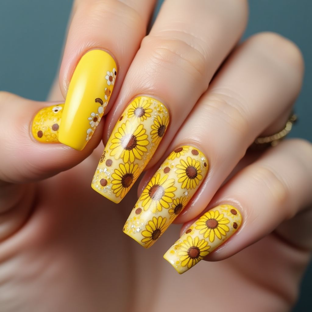 Yellow Freehand Art Nail Design