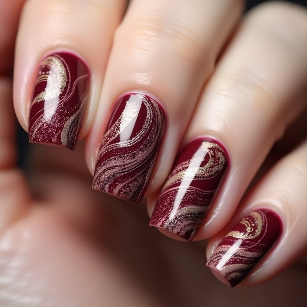 Wine Water Marbling Nail Design