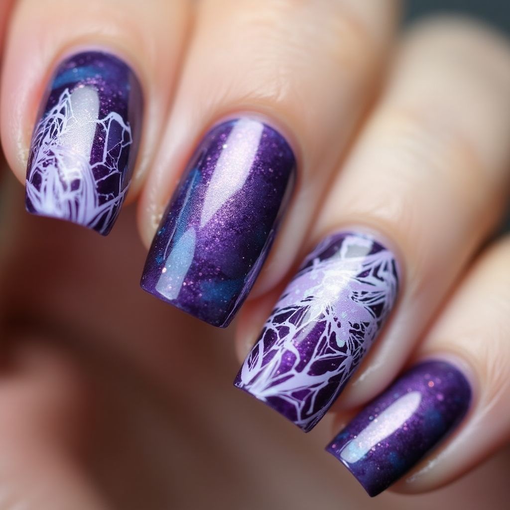 Purple Water Marbling Nail Design