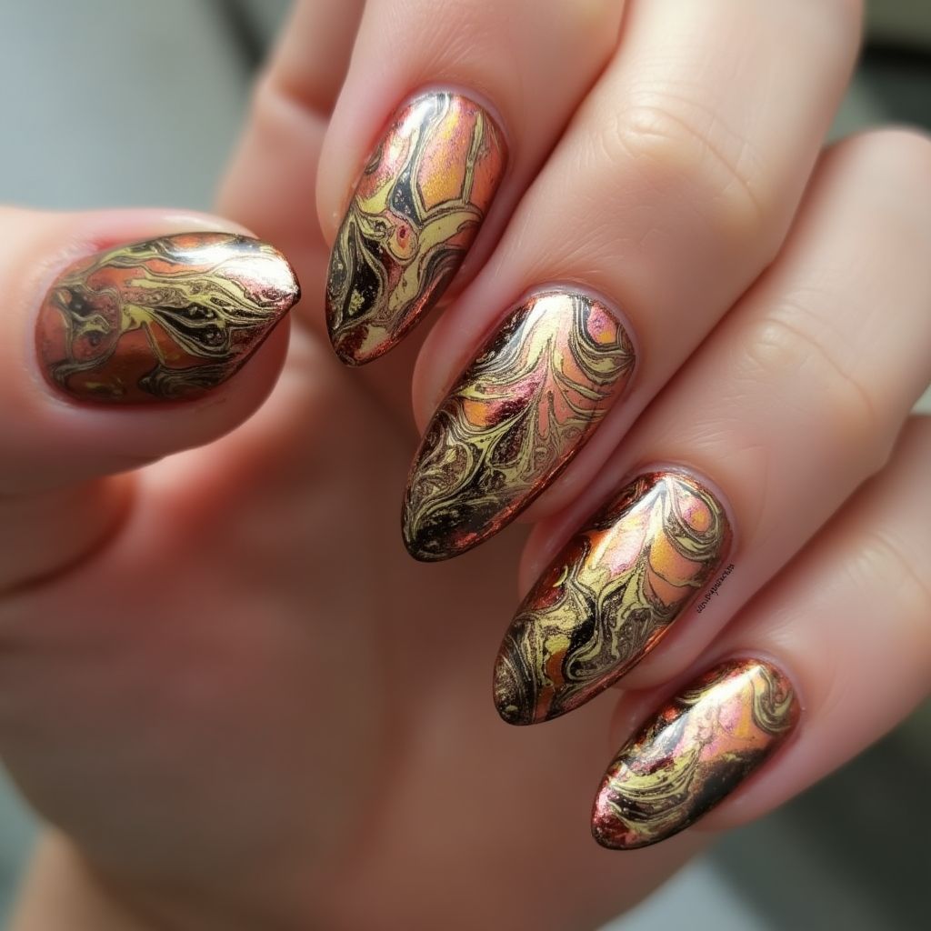 Bronze Water Marbling Nail Design