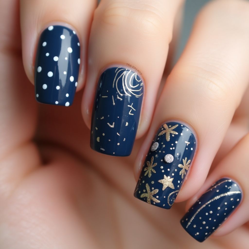 Navy Blue Dotting Nail Design