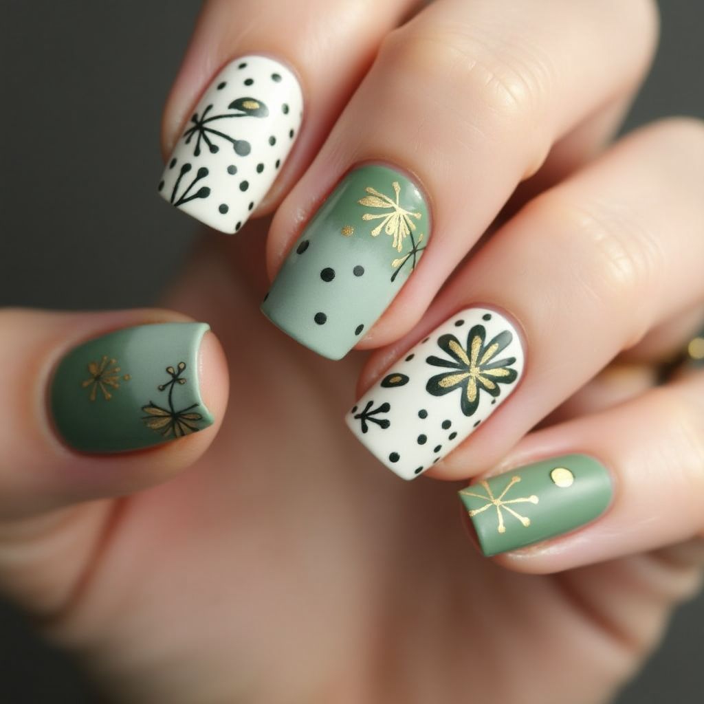 Olive Green Dotting Nail Design
