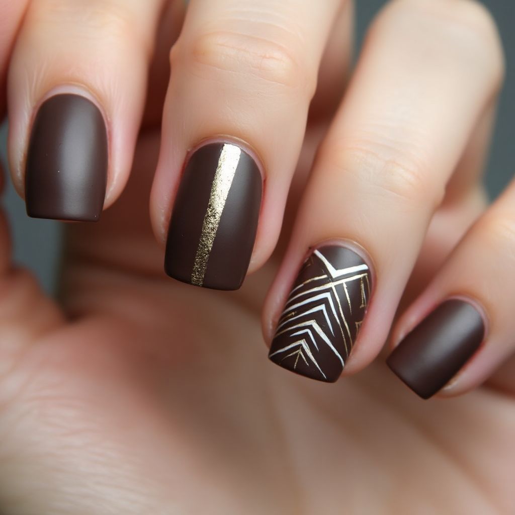 Chocolate Brown Stripes And Lines Nail Design