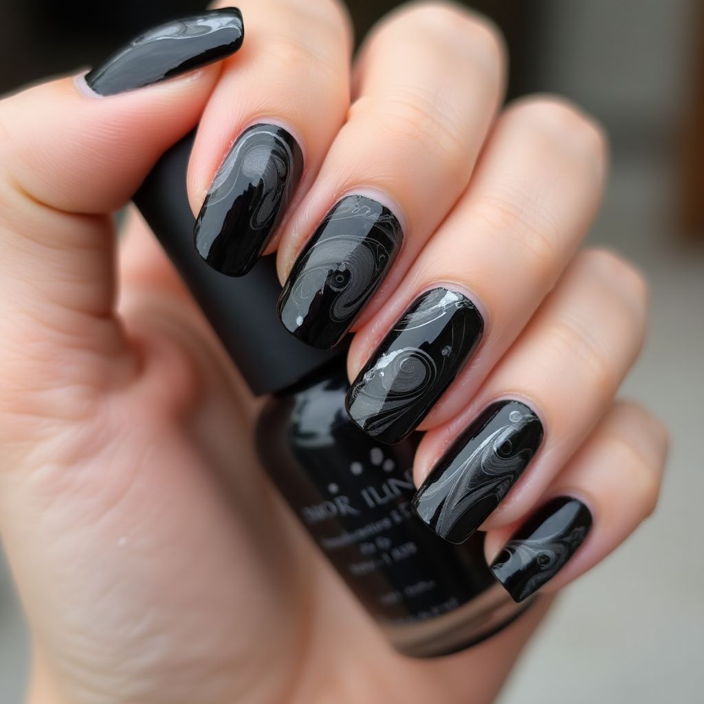 Black Water Marbling Nail Design