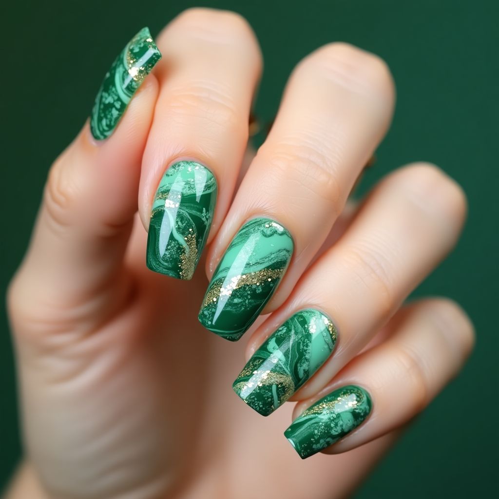Green Water Marbling Nail Design