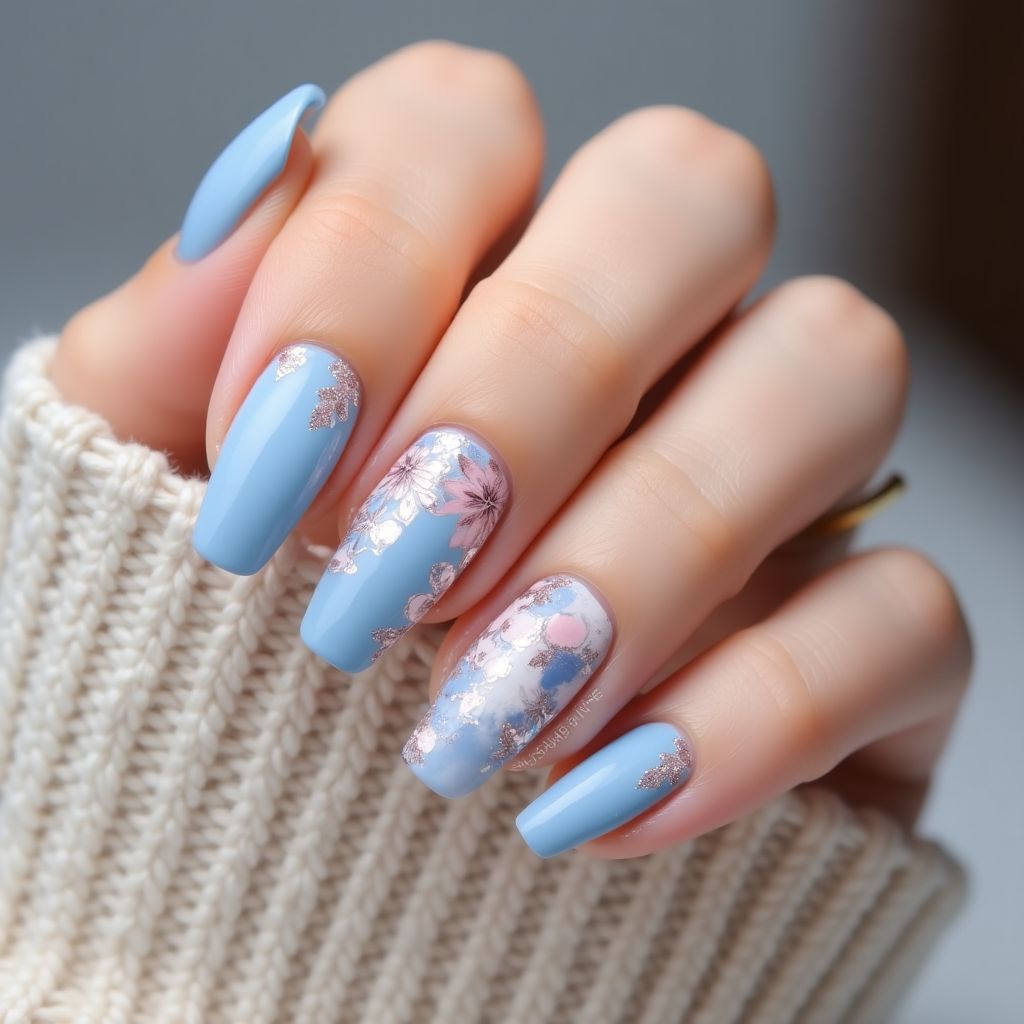 Pastel Blue Freehand Art Nail Design