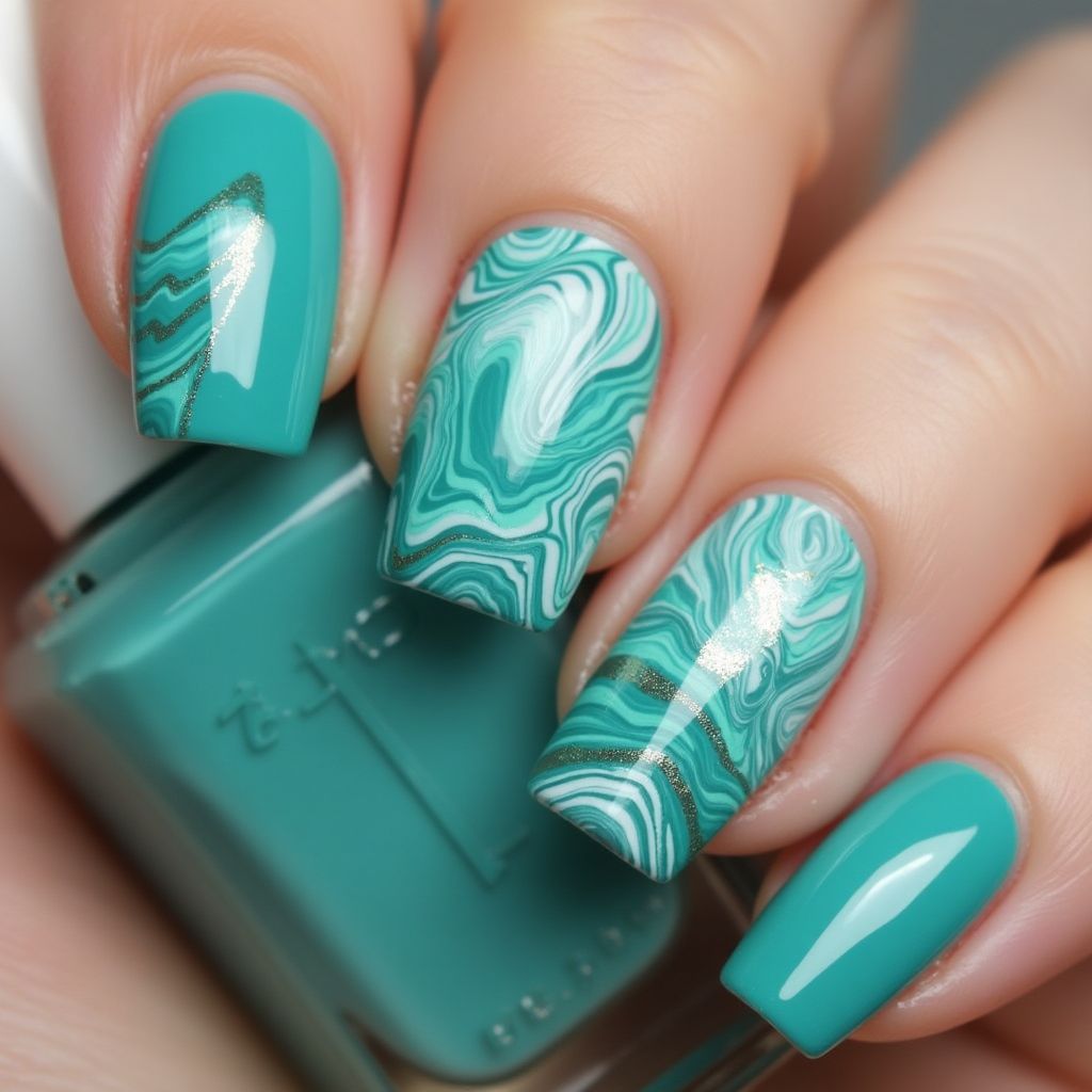 Teal Water Marbling Nail Design