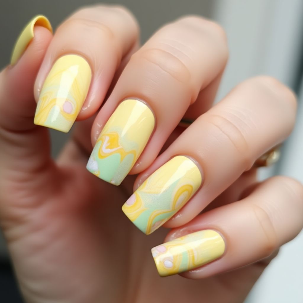 Pastel Yellow Water Marbling Nail Design