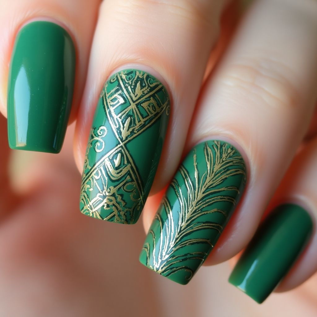 Emerald Green Freehand Art Nail Design