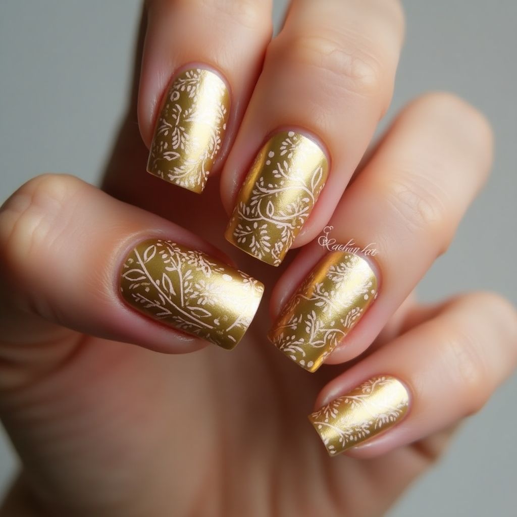 Gold Freehand Art Nail Design