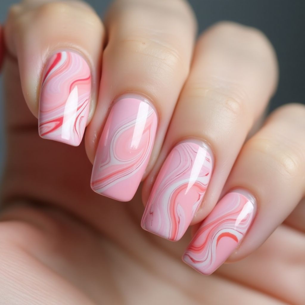 Baby Pink Water Marbling Nail Design