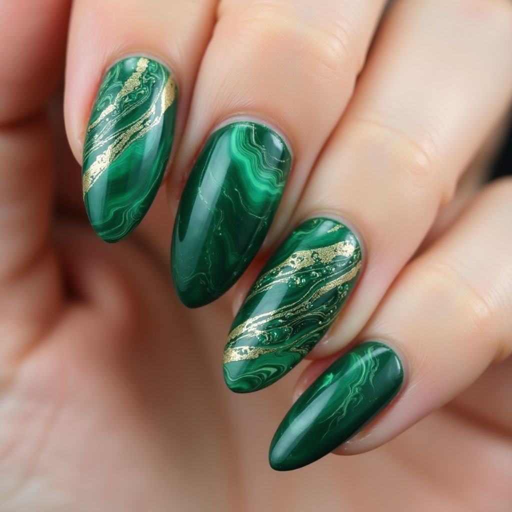 Emerald Green Water Marbling Nail Design