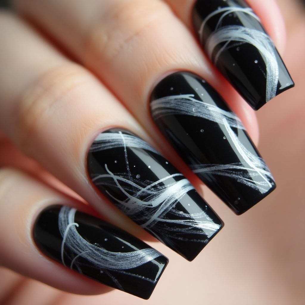 Black Water marbling Nail Design