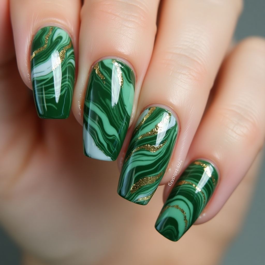 Olive Green Water Marbling Nail Design