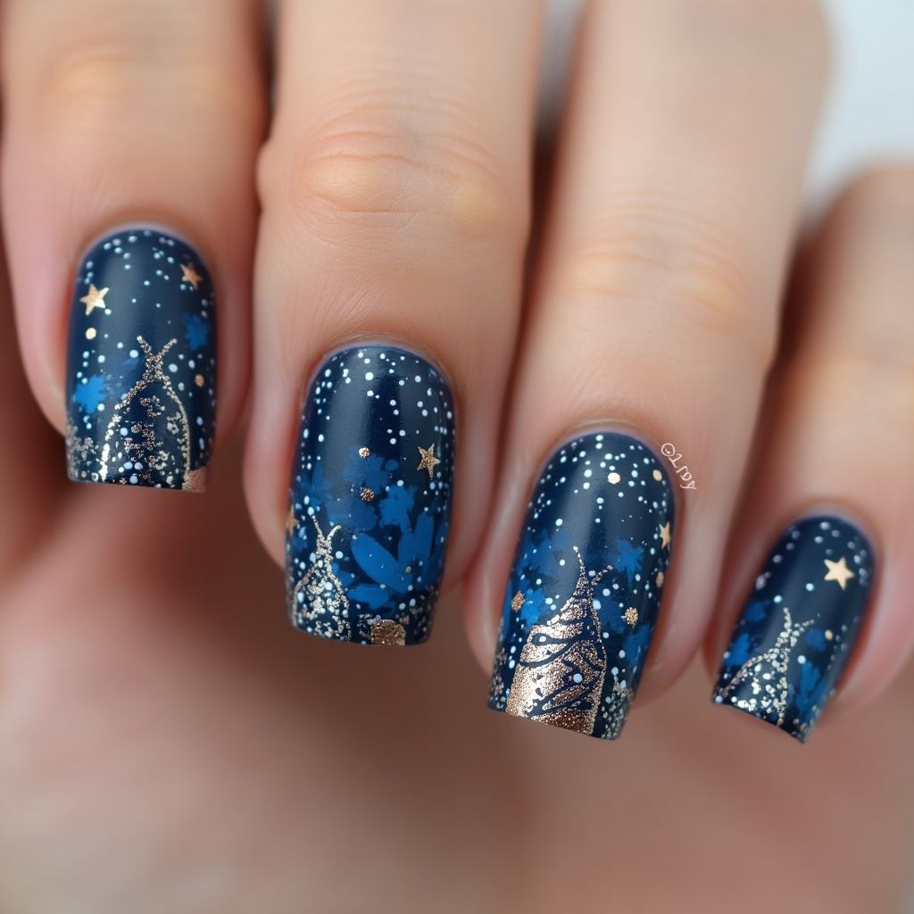 Navy Blue Freehand Art Nail Design