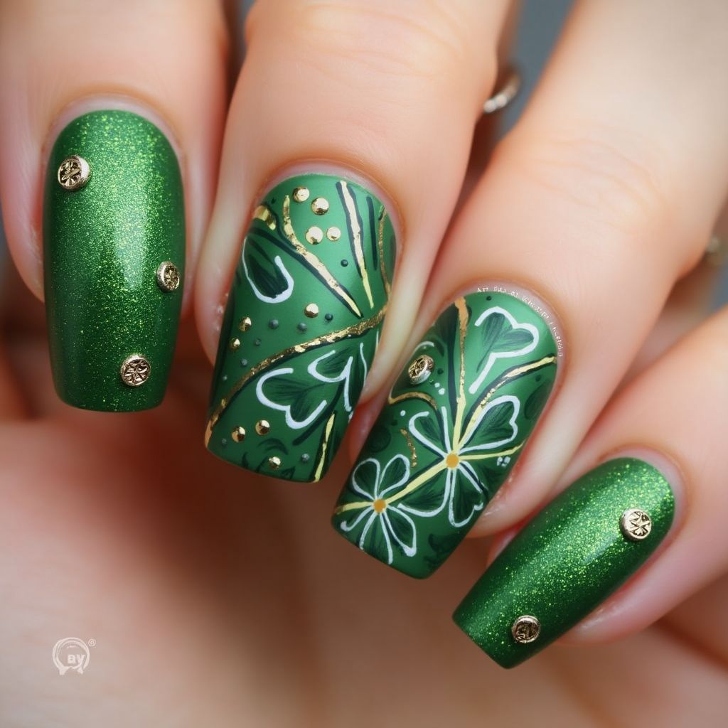 St Patrick's Day Glitter Flakes Nail Design
