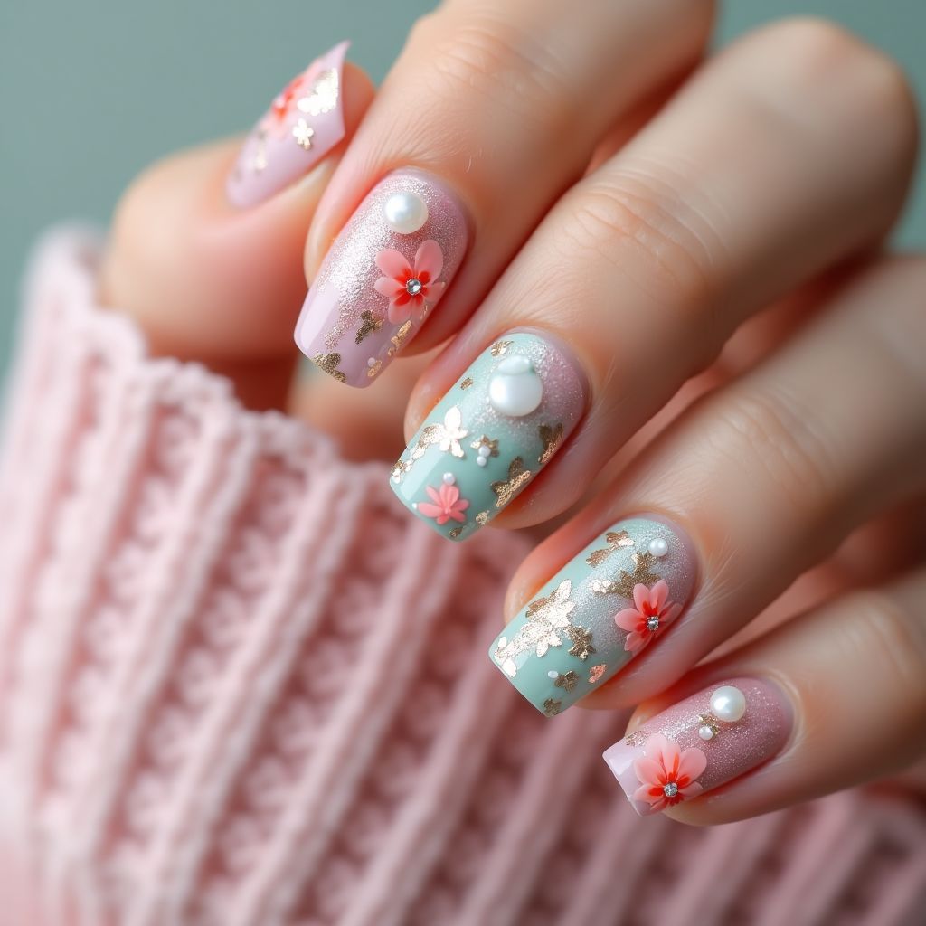 Mother's Day Glitter Flakes Nail Design
