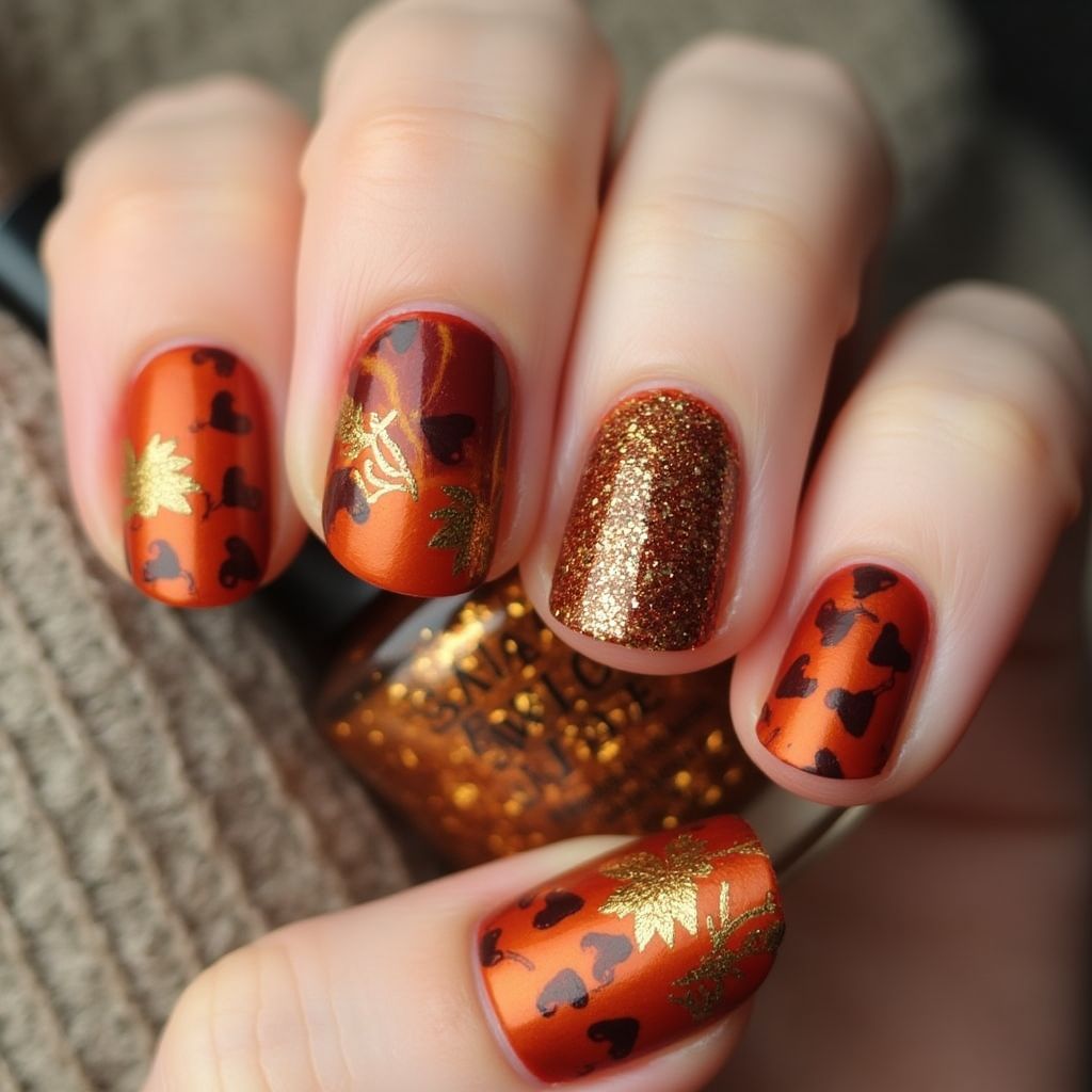 Thanksgiving Glitter Flakes Nail Design